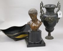 A classical bust on stand, toleware, cheese stand and an urn Urn H.31cm