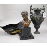 A classical bust on stand, toleware, cheese stand and an urn Urn H.31cm