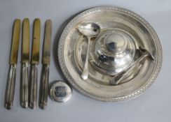 A silver capstan inkwell, a silver pill box and sundry other items including French knives etc.