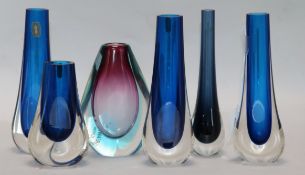 Six cased glass teardrop vases, three with Whitefriars labels Largest 20cm.
