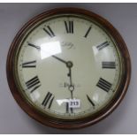 A Victorian mahogany-cased dial wall clock, Lilly, Poole, enamelled Roman dial 38cm.