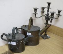 A Victorian plated five light candelabrum and two Victorian copper water cans (3)