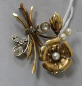 A yellow metal, cultured pearl and diamond set flower brooch, 46mm.