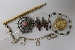 A Norwegian sterling silver spider's web brooch, a 9ct gold fob watch, a 9ct gold cased pencil and