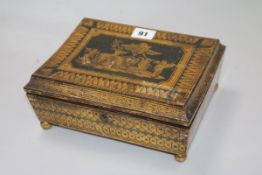 A Regency penwork box and sewing accessories 10 x 22cm