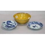 A Chinese yellow ground bowl (a.f.)and two blue and white dishes 19cm. & 16cm.