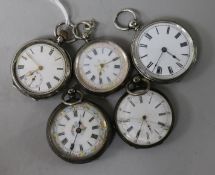 Five assorted silver fob watches.