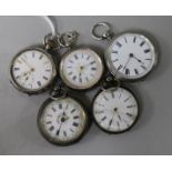 Five assorted silver fob watches.