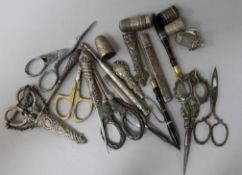 Two chatelaine scissors, various others and 19th century sewing items