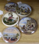 A Prattware pot lid and base, 'The Skewbald Horse' (277) and four other pot lids, including 'The