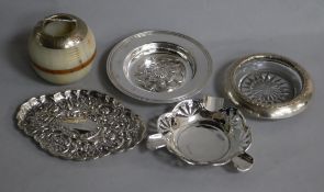 A silver-mounted marble match strike, a Victorian embossed silver pin dish and sundries, including a