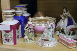 Three 19th century French scent bottles and three various figures H.17cm