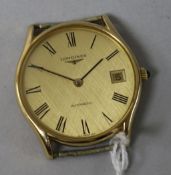 A gentleman's 9ct gold Longines automatic wrist watch (no strap).