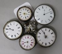 Four assorted silver fob watches and a white metal fob watch.