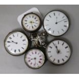 Four assorted silver fob watches and a white metal fob watch.