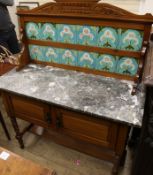 An Edwardian satin walnut tile back marble base wash stand W.107cm