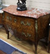 A serpentine marquetry commode with marble top W.122cm