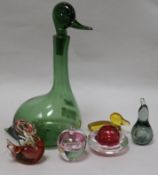 A novelty duck decanter, Empoli, Italy and five paperweights