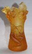 An Art Deco style amber-coloured glass vase in the manner of Roubleff, moulded with a nude female