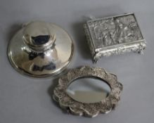A silver capstan inkwell, Birmingham 1923, A & J Zimmerman, inscribed and two other items, including