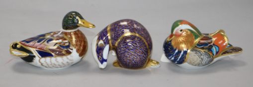 Three Royal Crown Derby paperweights, Mandarin Duck, Mallard Duck and Badger, ducks with silver