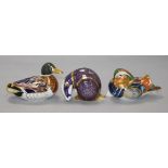 Three Royal Crown Derby paperweights, Mandarin Duck, Mallard Duck and Badger, ducks with silver