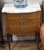 A pair of marble topped burr walnut commodes W.53cm