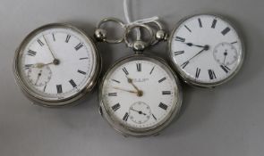 Three assorted silver pocket watches including one retailed by Muir & Sons, Glasgow.