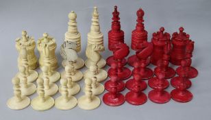 A carved and stained bone chess set