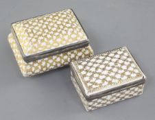 Two late 18th / early 19th century French white enamel snuff boxes, with diapered tooled gilt