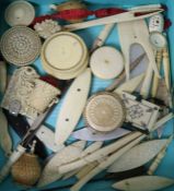 A Collection of 19th century carved ivory and other sewing items including shuttles, pin boxes,