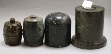 A Cornish serpentine tobacco jar and three other marble tobacco jars tallest 15cm (4)