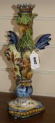 A Cantagalli maiolica griffin candlestick