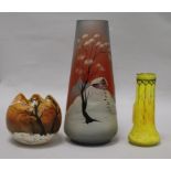 Three modern hand-painted glass vases in the manner of Legras, including a tall tapered vase