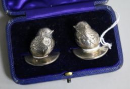 A pair of Edwardian silver chick menu holders, Sampson Mordan & Co, cased.