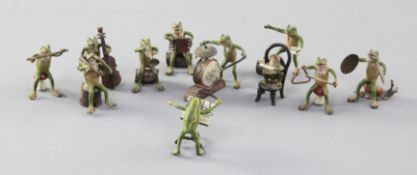 An Austrian eleven piece cold painted bronze miniature frog orchestra, height 1in.