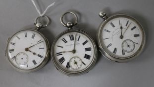Three assorted silver pocket watches, including Thomas Russell & Son.