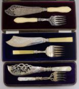 Three cased pairs of plated fish servers; Victorian and later