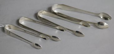 Four assorted pairs of Victorian silver sugar tongs, 4.8 oz.