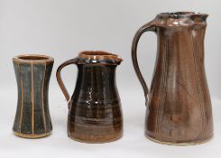 Two St Ives jugs and a Leach vase Tallest H.26cm
