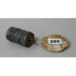 A hardstone carving and a Chinese weight Carving 7cm, coin weight 7cm