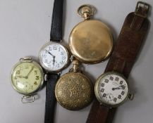 A gentleman's early 20th century silver wrist watch and four other assorted watches including two