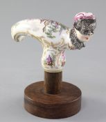 A Meissen 'Frauen Kopf' cane handle, 18th / 19th century, painted with figures in landscapes, the
