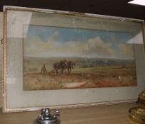 A watercolour, ploughing scene 23 x 47cm.