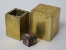 A Chinese bronze and wood seal and box 4.5cm.