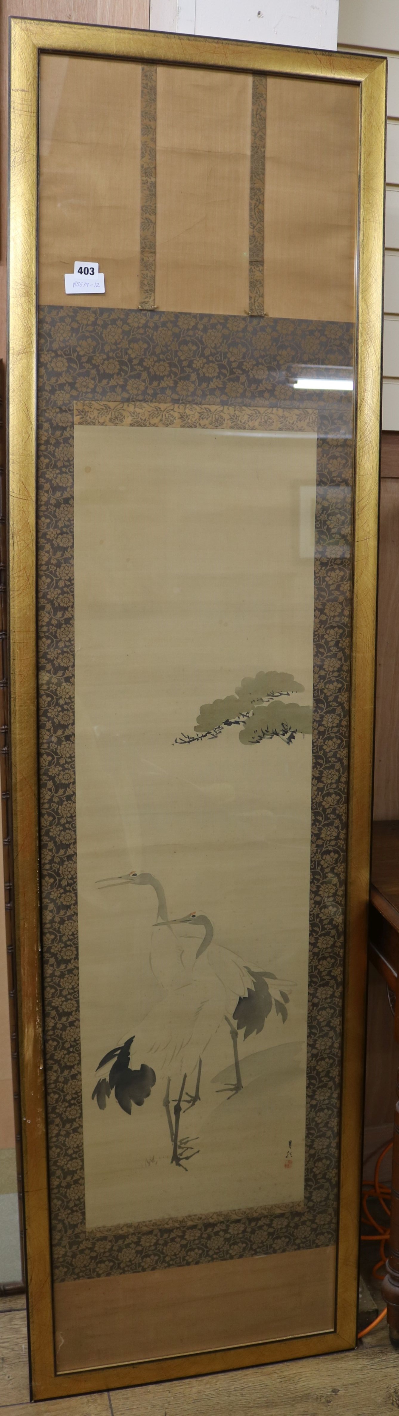 A Japanese scroll painting of cranes 113 x 33cm.