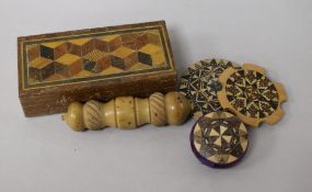 Four small items of Tunbridge Ware, comprising a rectangular box and cover, pin cushion/tape
