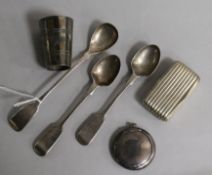 Two silver spoons, a silver vesta case, a silver pill box and two other items.