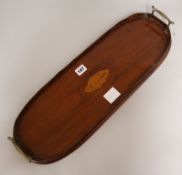 An Edwardian inlaid mahogany two handled tea tray, W.58cm hand-handle 57cm