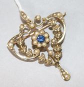 An Edwardian 9ct gold, seed pearl and gem set pendant, 38mm.